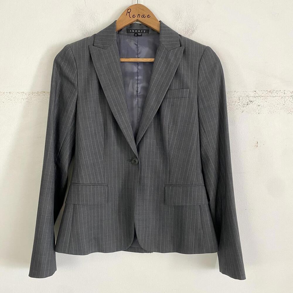 THEORY gray pinstripe single breasted wool blazer sz 0